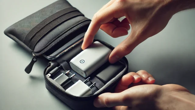 An image focusing on a compact portable charger being placed into a small gadget pouch or bag. The charger is small, lightweight, and modern, designed specifically for easy transportation. The scene shows the charger fitting neatly into the pouch alongside other gadgets, emphasizing the convenience of carrying a compact charger for daily use or travel. The background is simple, keeping the focus on the pouch, charger, and the neatly arranged gadgets inside.