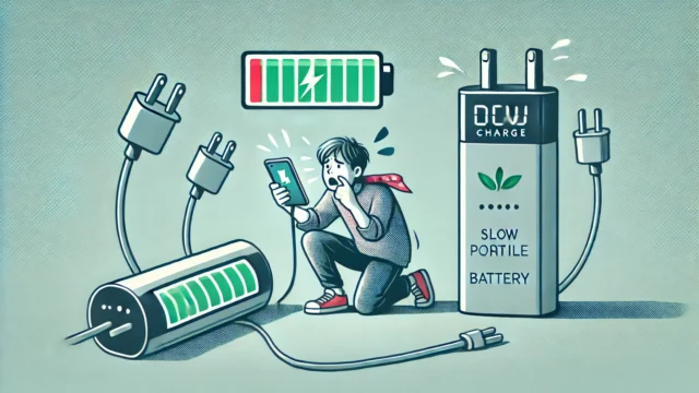 A scene showing frustration with insufficient portable chargers and mobile batteries. The image depicts a person holding a phone with a low battery while their portable charger or mobile battery is either dead or lacks enough charging power. The devices appear outdated or low-quality, with limited features such as a single charging port or a slow charge icon. The person looks visibly frustrated or confused as they try to use the devices, highlighting the inconvenience of having insufficient or unreliable charging equipment. The background is simple to focus on the situation.