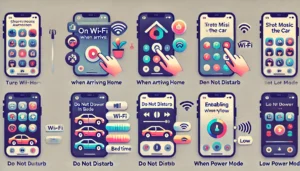 A visually engaging illustration showing practical examples of iPhone automation (Shortcuts app) in daily life. The image includes scenarios like turning on Wi-Fi when arriving home, starting music in the car, activating Do Not Disturb during bedtime, and enabling Low Power Mode when battery is low. Each scenario is represented by a colorful icon and labeled clearly, with a clean and modern design suitable for easy understanding.